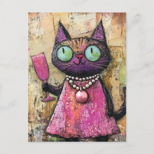 愛嬌のある飲み物を手にした猫 ポストカード (正面)