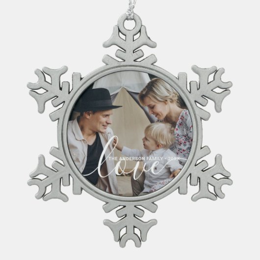 '愛'家族カスタムの写真と名前をカスタムする スノーフレークピューターオーナメント (正面)