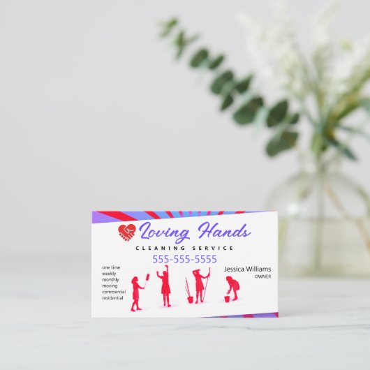 愛情あふれる手の赤と紫のクリーニングサービス 名刺 (スタンド正面)