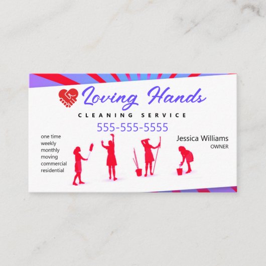 愛情あふれる手の赤と紫のクリーニングサービス 名刺 (正面)