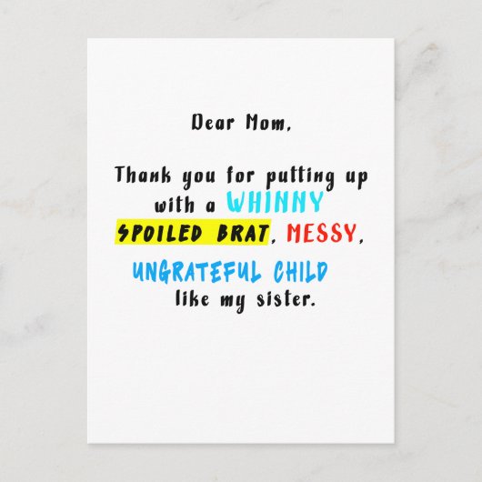 愛情いっぱいのママ、ワガママ娘に付き合ってくれてありがとう ポストカード (正面)