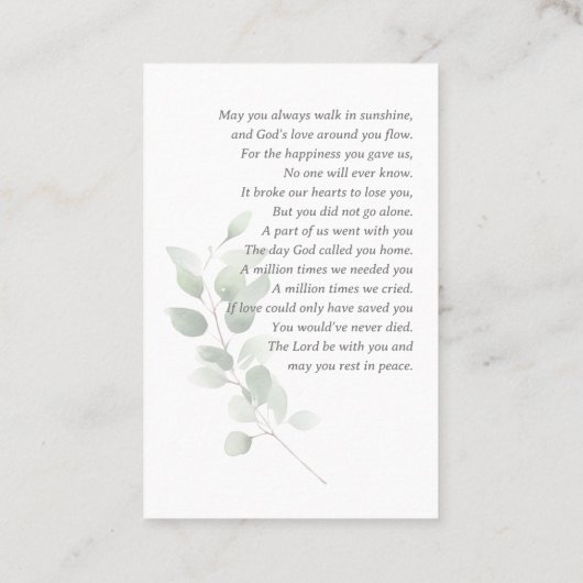 愛情に満ちた思い出で |グリーンフォト葬儀祈りの言葉カード 名刺 (裏面)