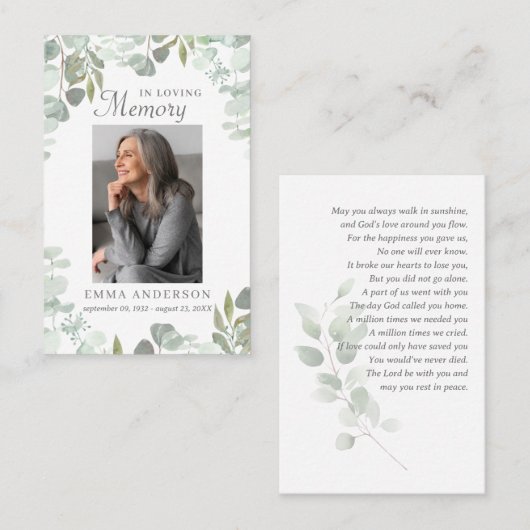 愛情に満ちた思い出で |グリーンフォト葬儀祈りの言葉カード 名刺 (正面/裏面)