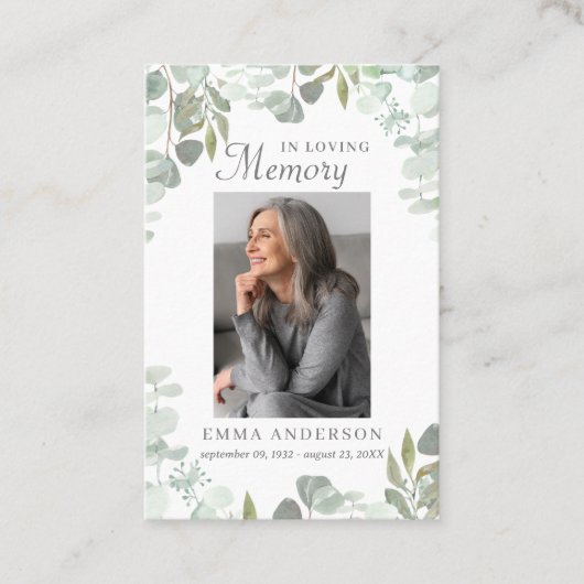 愛情に満ちた思い出で |グリーンフォト葬儀祈りの言葉カード 名刺 (正面)