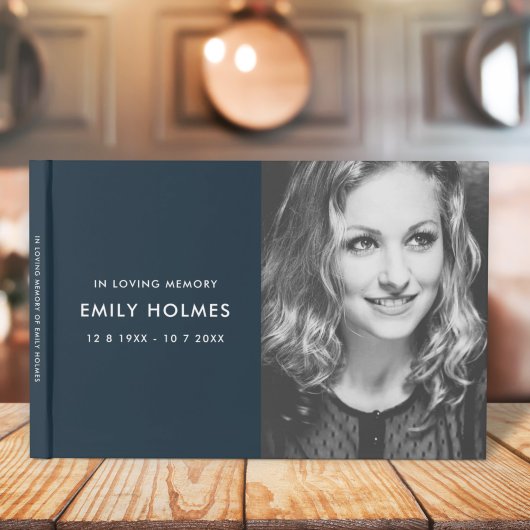 愛情に満ちた思い出で |ネイビーブルーモダンメモリアル写真 ゲストブック