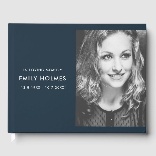 愛情に満ちた思い出で |ネイビーブルーモダンメモリアル写真 ゲストブック (正面)