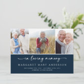 愛情に満ちた思い出で |ネイビー写真葬儀悔やみや弔慰 サンキューカード (スタンド正面)