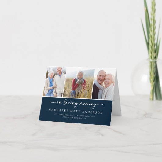 愛情に満ちた思い出で |ネイビー写真葬儀悔やみや弔慰 サンキューカード (正面)