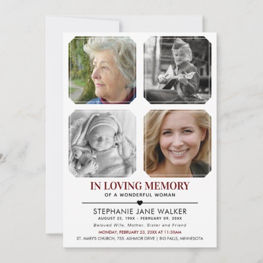 愛情に満ちた思い出で | 4フォトコラージュ葬儀 招待状 (正面)