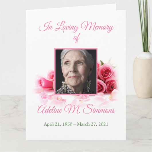 愛情に満ちた思い出で | Pink Roses葬儀プログラム カード (正面)
