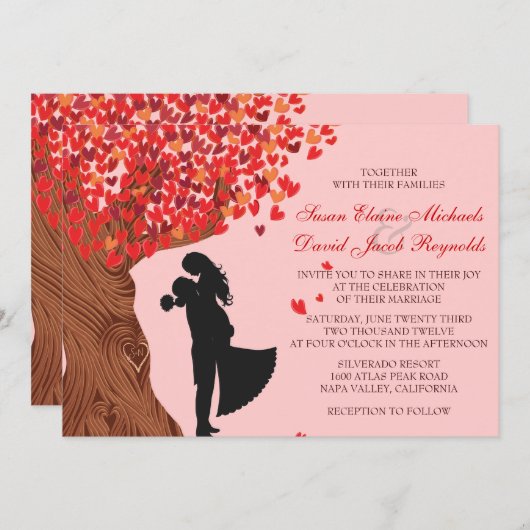 愛情のあるカップルイニシャルオークツリー秋の結婚式 招待状 (正面/裏面)