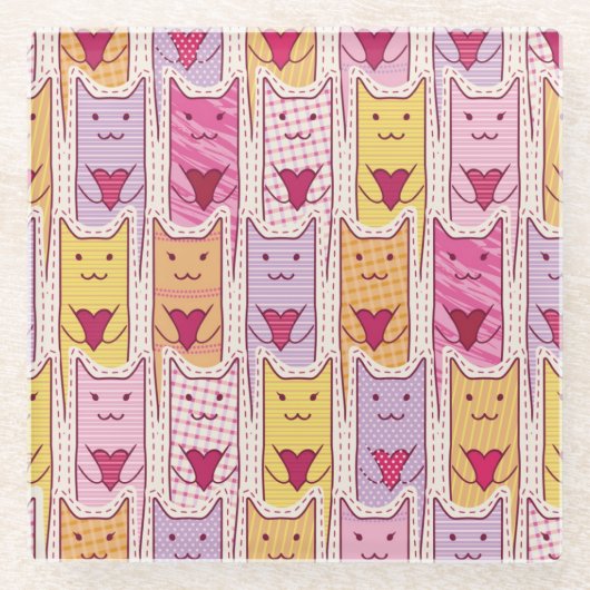 愛情のあるハートを持つかわいい猫 ガラスコースター (正面)