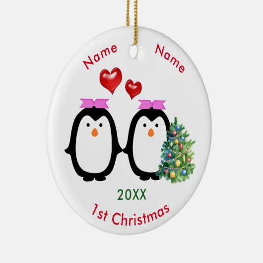 愛情のあるペンギンのカップル2の女性第1クリスマス セラミックオーナメント (右)