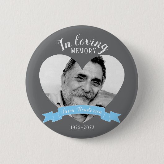 愛情のあるメモリで写真のハートの青いリボンボタン 缶バッジ (正面)