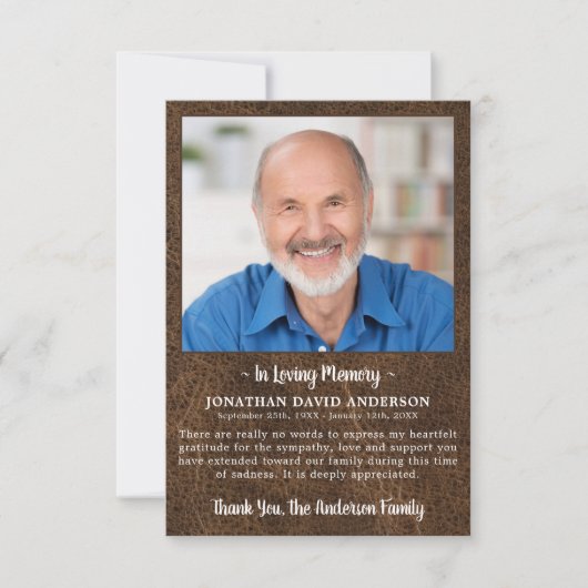 愛情のある思い出フォトレザーフェイク悔やみや弔慰葬儀 サンキューカード (正面)