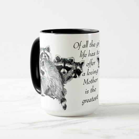 愛情のある母引用文おもしろいラクーンファミリー マグカップ (正面左)