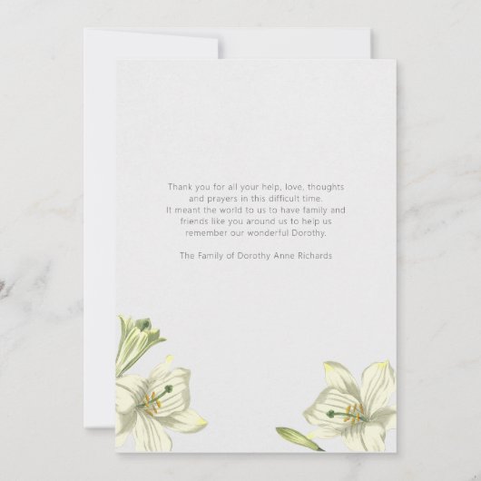 愛情のある記憶ヴィンテージユリの悔やみや弔慰カード 招待状 (裏面)
