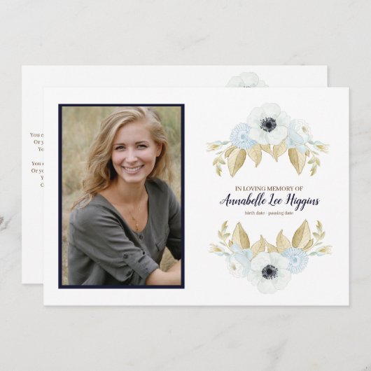 愛情のある記憶葬式のエレガントで青い花柄 サンキューカード (正面/裏面)