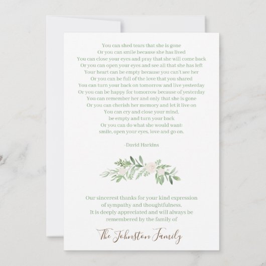 愛情のある記憶葬式のエレガントなアイボリーの花柄 サンキューカード (裏面)