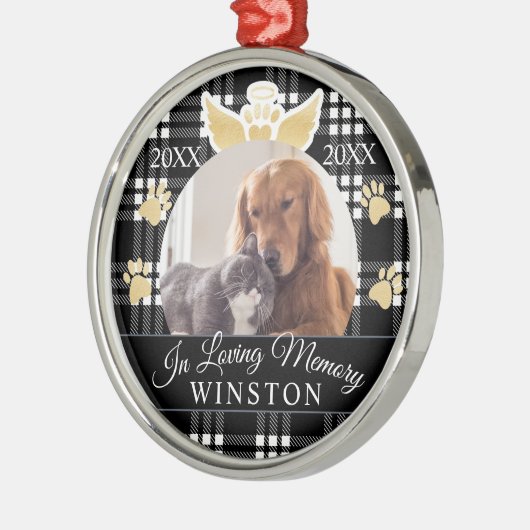 愛情のある記憶|黒い格子縞ペット記念物の写真 メタルオーナメント (左)