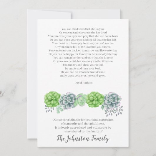 愛情エレガントある思い出の葬儀の多肉栽培の庭 サンキューカード (裏面)