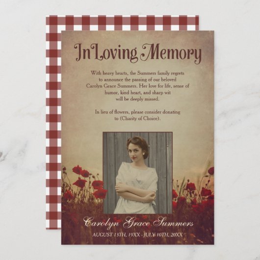 愛情素朴のあるメモリのPoppyフィールドカスタム写真 案内状 (正面/裏面)