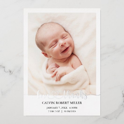 愛感謝していベビー誕生発表写真カード 箔招待状 (正面)