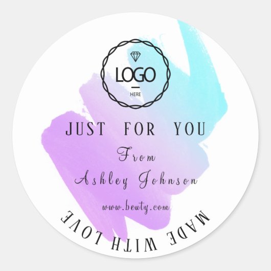 愛感謝してい青ピンク紫で作られたロゴ ラウンドシール (正面)