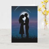 愛湖の海岸のロマンスのシルエットのカップル カード (黄色い花)