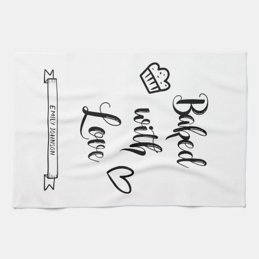 愛焼いた名パーソナライズされた付き白黒 キッチンタオル (横)