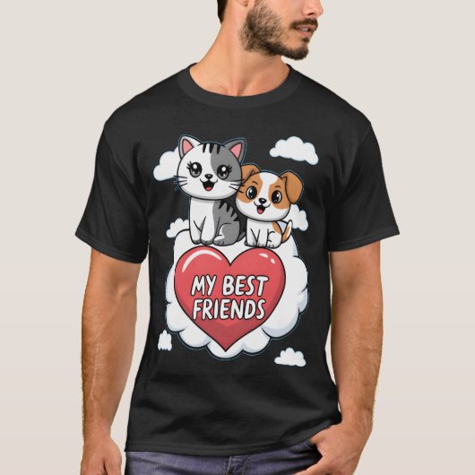 愛犬と愛猫が大好き ハートと雲のデザイン ボーイ Tシャツ (正面)