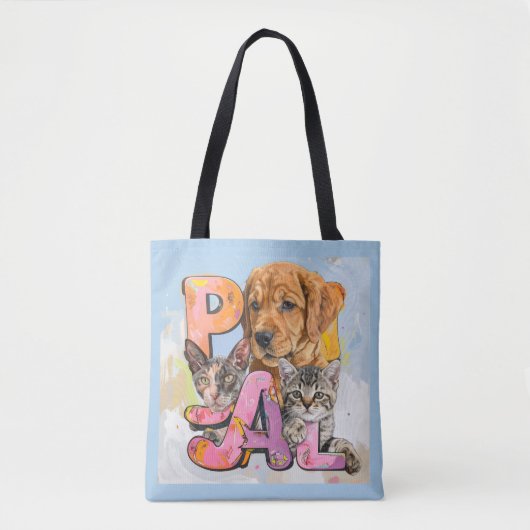 愛犬と猫+名前のカスタマイズ トートバッグ (正面)