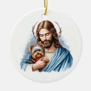 愛犬のヨークシャーテリアと一緒に天国で最初のクリスマスを迎えたイエス セラミックオーナメント