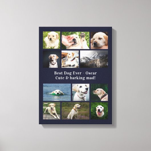 愛犬の写真を飾る ネイビーブルーのペットフォトコラージュ キャンバスプリント (正面)