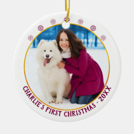 愛犬の初のクリスマス - 名前と年号入りフォト - ホワイトゴールド セラミックオーナメント