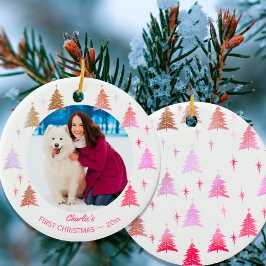 愛犬の初めてのクリスマス カスタムペットフォト ピンク セラミックオーナメント