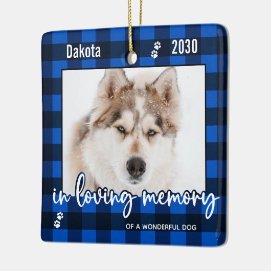 愛犬の記念青い格子写真の写真 セラミックオーナメント (左)