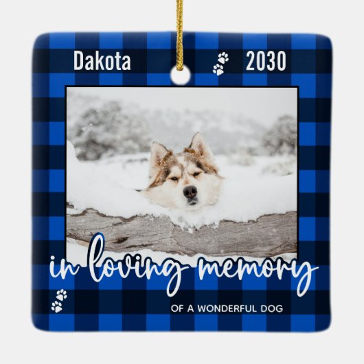愛犬の記念青い格子写真の写真 セラミックオーナメント (裏面)