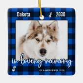 愛犬の記念青い格子写真の写真 セラミックオーナメント (正面)