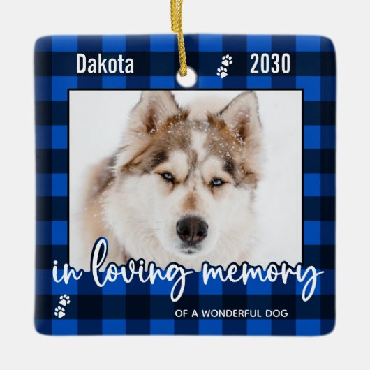 愛犬の記念青い格子写真の写真 セラミックオーナメント (正面)