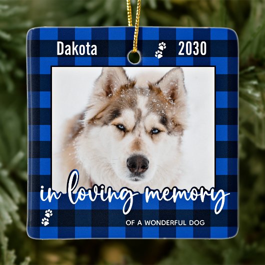 愛犬の記念青い格子写真の写真 セラミックオーナメント