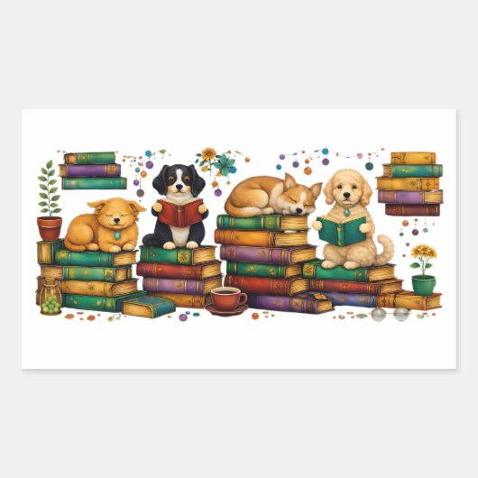 愛犬の読書 本に囲まれたリラックスした図書館の光景 長方形シール (正面)