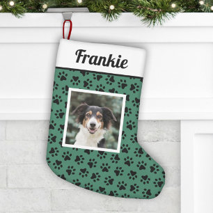 愛犬グリーンと黒い前足のプリントカスタム写真 スモールクリスマスストッキング