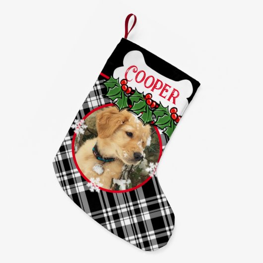 愛犬ペットのパーソナライズ白黒プレイド スモールクリスマスストッキング (正面 (吊り時))