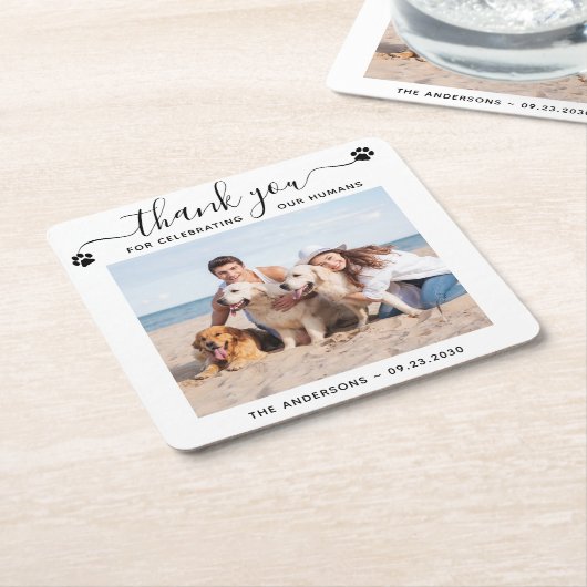 愛犬モダンの愛犬に感謝の写真をパーソナライズ結婚 スクエアペーパーコースター (アングル)