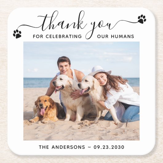 愛犬モダンの愛犬に感謝の写真をパーソナライズ結婚 スクエアペーパーコースター (正面)