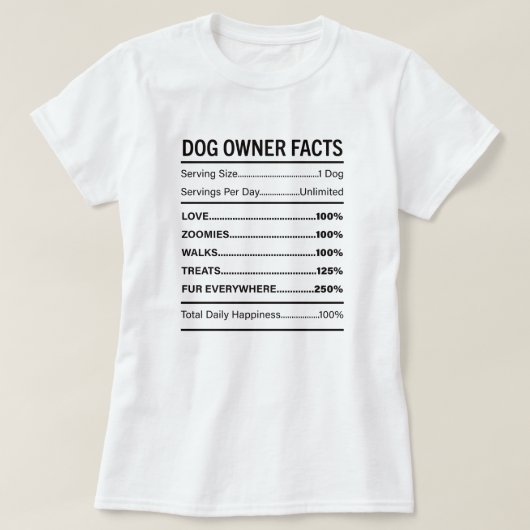 愛犬家の事実 栄養成分表示 犬ママ Tシャツ (デザイン正面)