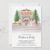 愛犬家ネコChristmas暖炉シーンパーティー 招待状 (正面)
