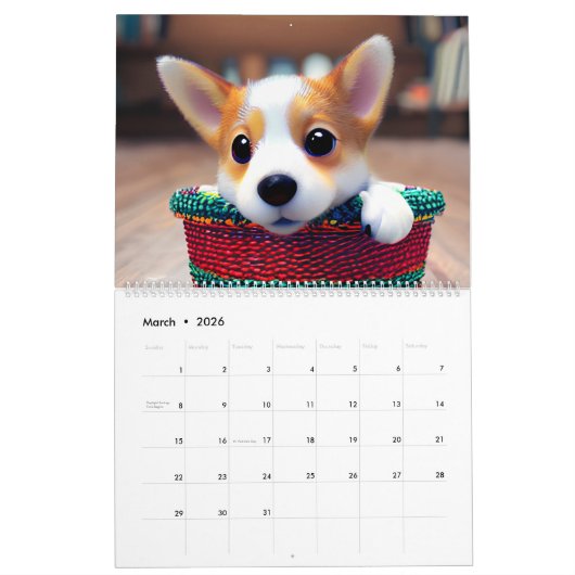 愛犬用おもしろいバスケットに入ったかわいいコギの子犬 カレンダー (3月 2026)