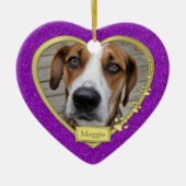 愛犬記念撮影クリスマスパープル金ゴールドハート セラミックオーナメント (正面)